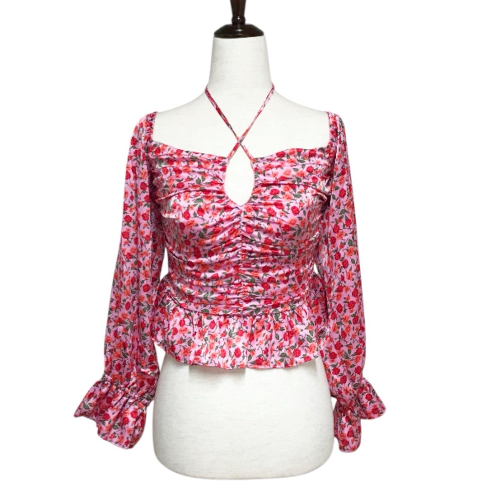 WAYF Pink‎ Rose Floral Sweetheart Ruched Peplum Top Cottagecore Coquette Large